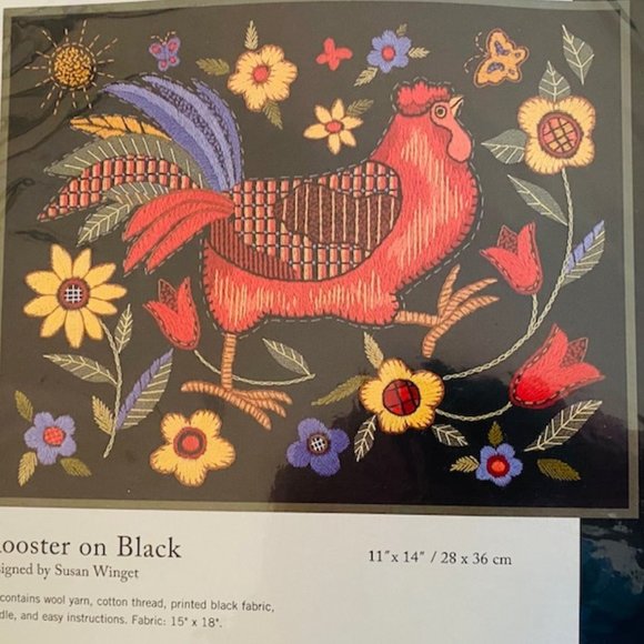 Dimensions Rooster on Black Crewel Embroidery Kit - 11" x 14" - New - Picture 2 of 5